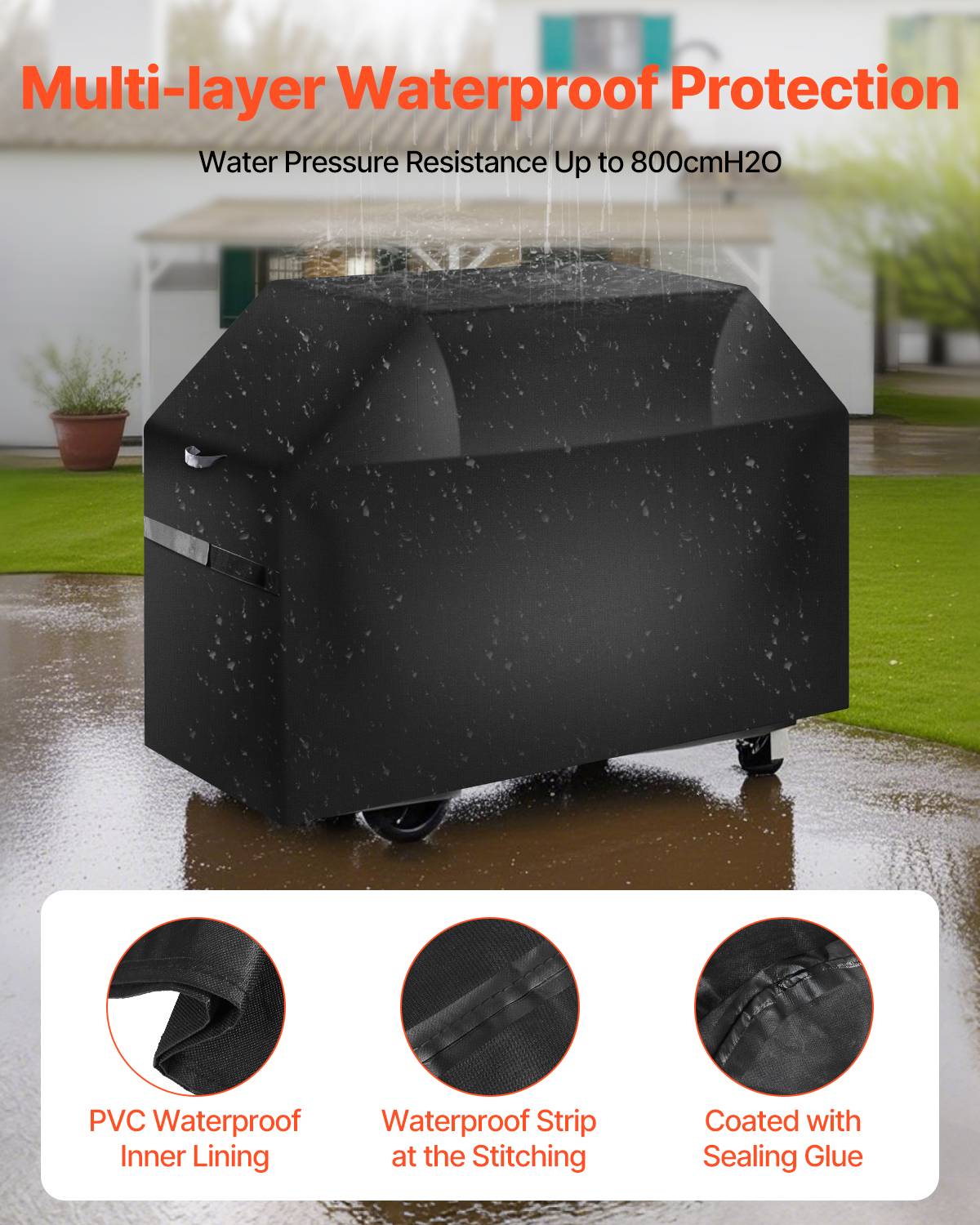 VEVOR Housse barbecue 1700mm, polyester 600D, imperméable, sangles, noir. - Image 3