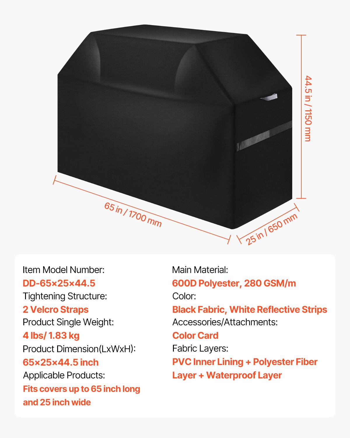 VEVOR Housse barbecue 1700mm, polyester 600D, imperméable, sangles, noir. - Image 7