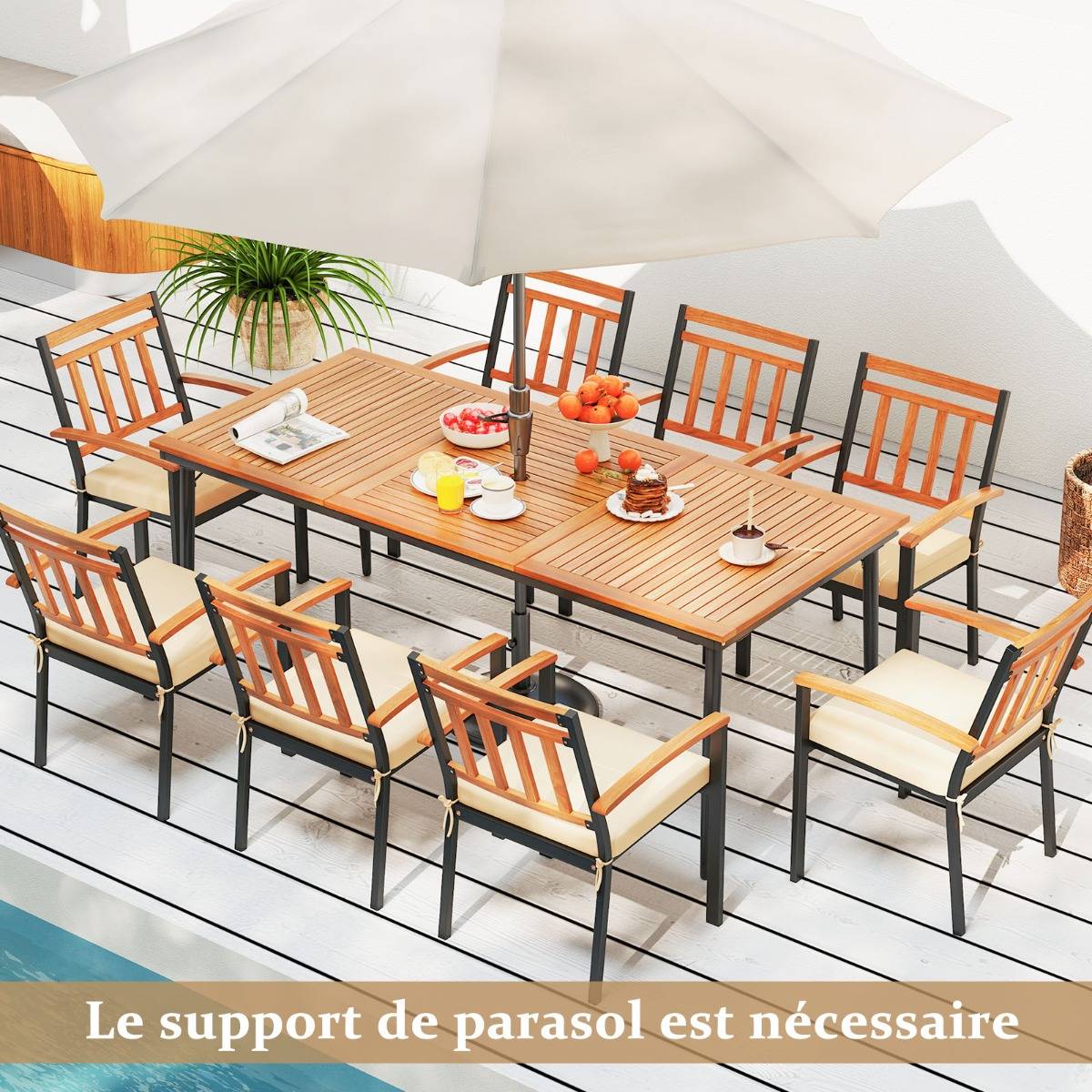 Table de Jardin 200 CM pour 8 Personnes Table Exterieur en Bois d’Acacia avec Trou de Parasol Dia.5 CM Plateau à Lattes Pieds en Métal - Image 3