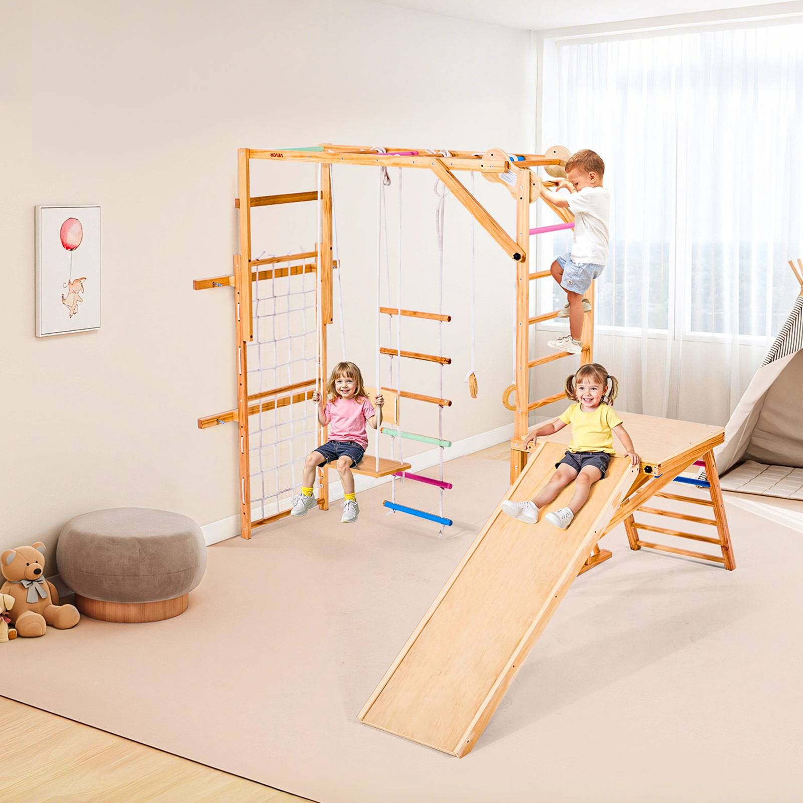 Vevor - VEVOR Aire de jeux intérieure en bois 8-en-1, toboggan extensible, balançoire, barre de singe, anneaux, échelles bois/corde, filet d'escalade. - Image 8