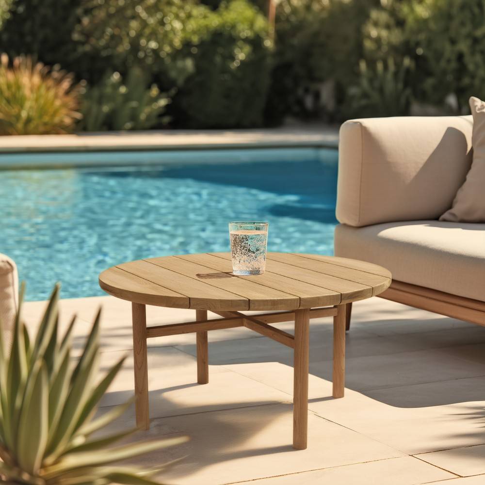 Macabane - KALLY - Table basse de jardin ronde en bois de teck recyclé naturel D80cm - Image 2