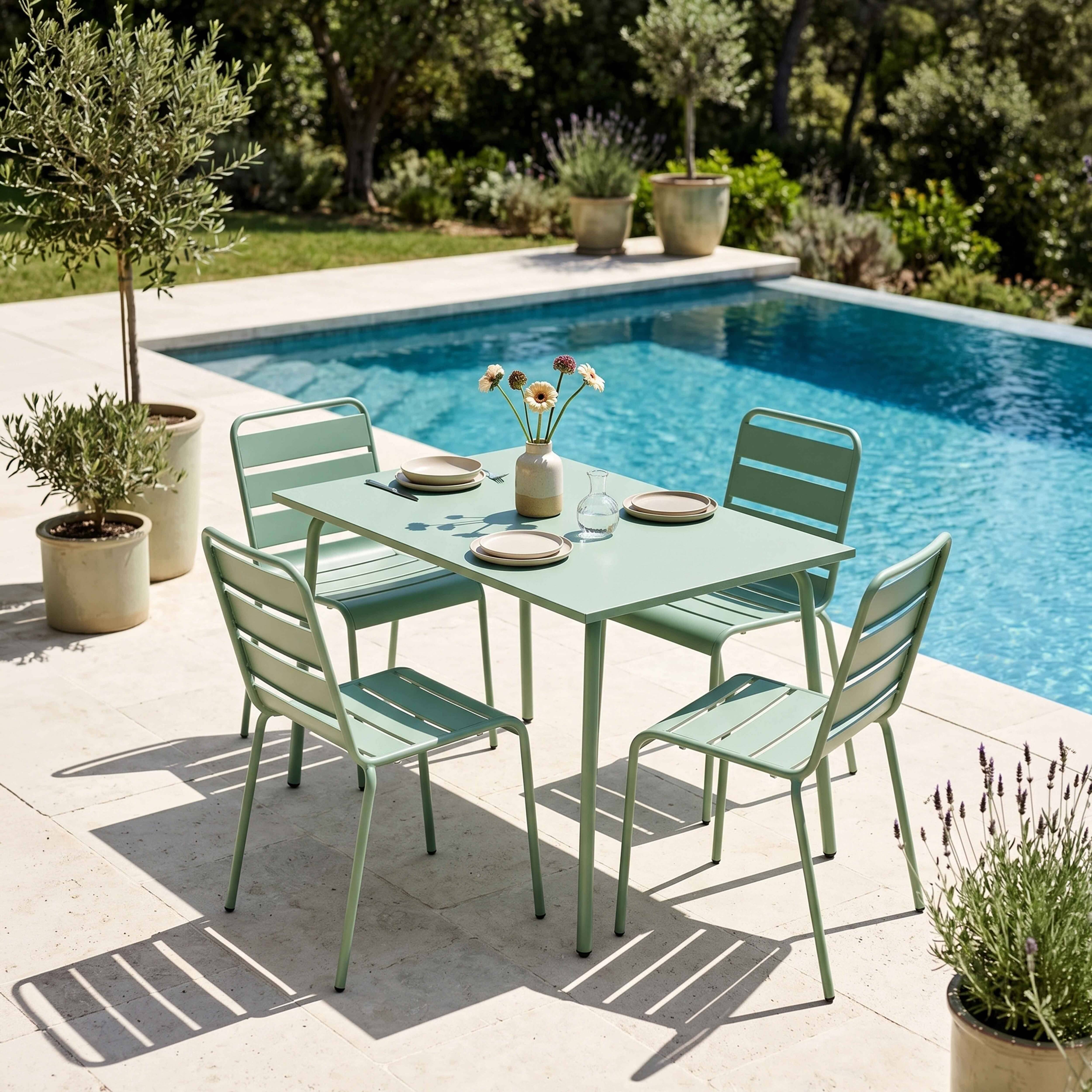 Oviala - Ensemble table de jardin en métal et 4 chaises vert sauge Palavas - Oviala - Imagen 2
