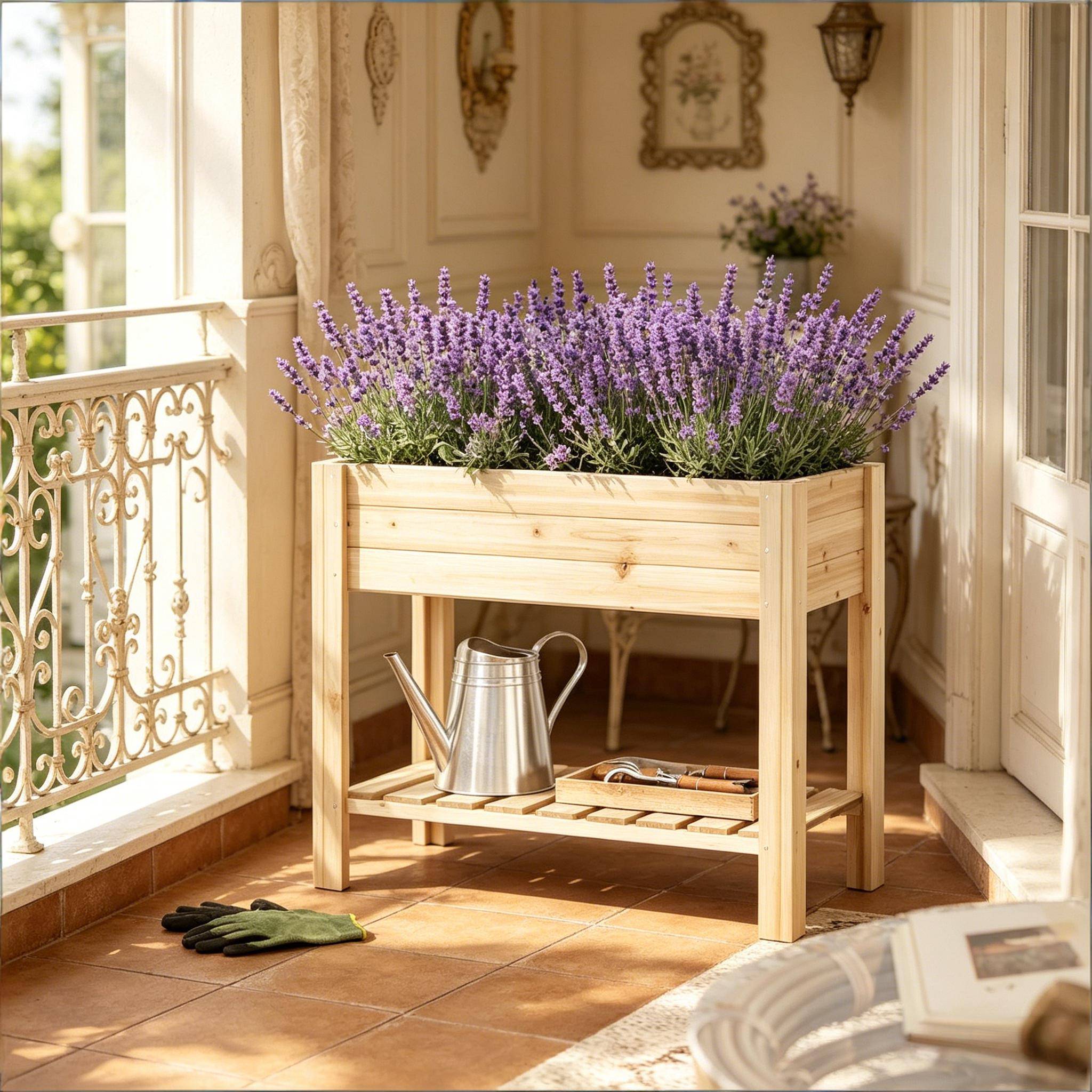 ComfortXL - Carré potager surélevé bois sapin balcon terrasse avec étagère 80x40x75cm naturel - ComfortXL Outdoor Living - Image 4