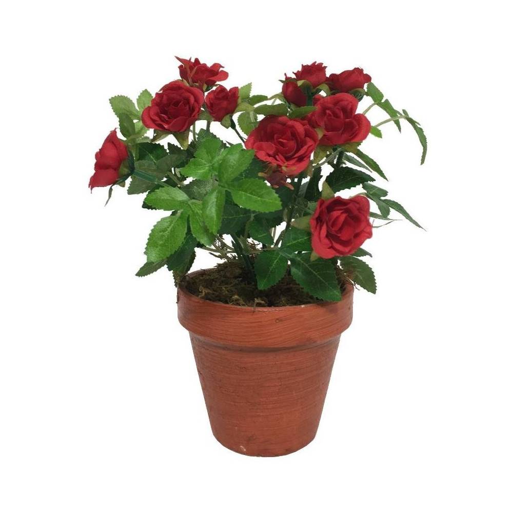 Rosier plante fleur artificielle extérieur cimetière tissu rouge 23cm Chemin de campagne - Imagen 1