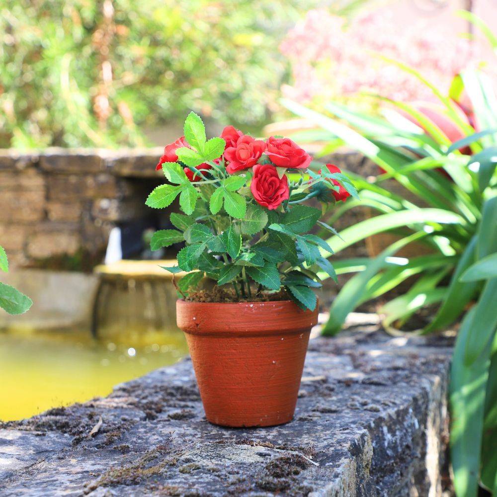 Rosier plante fleur artificielle extérieur cimetière tissu rouge 23cm Chemin de campagne - Imagen 2