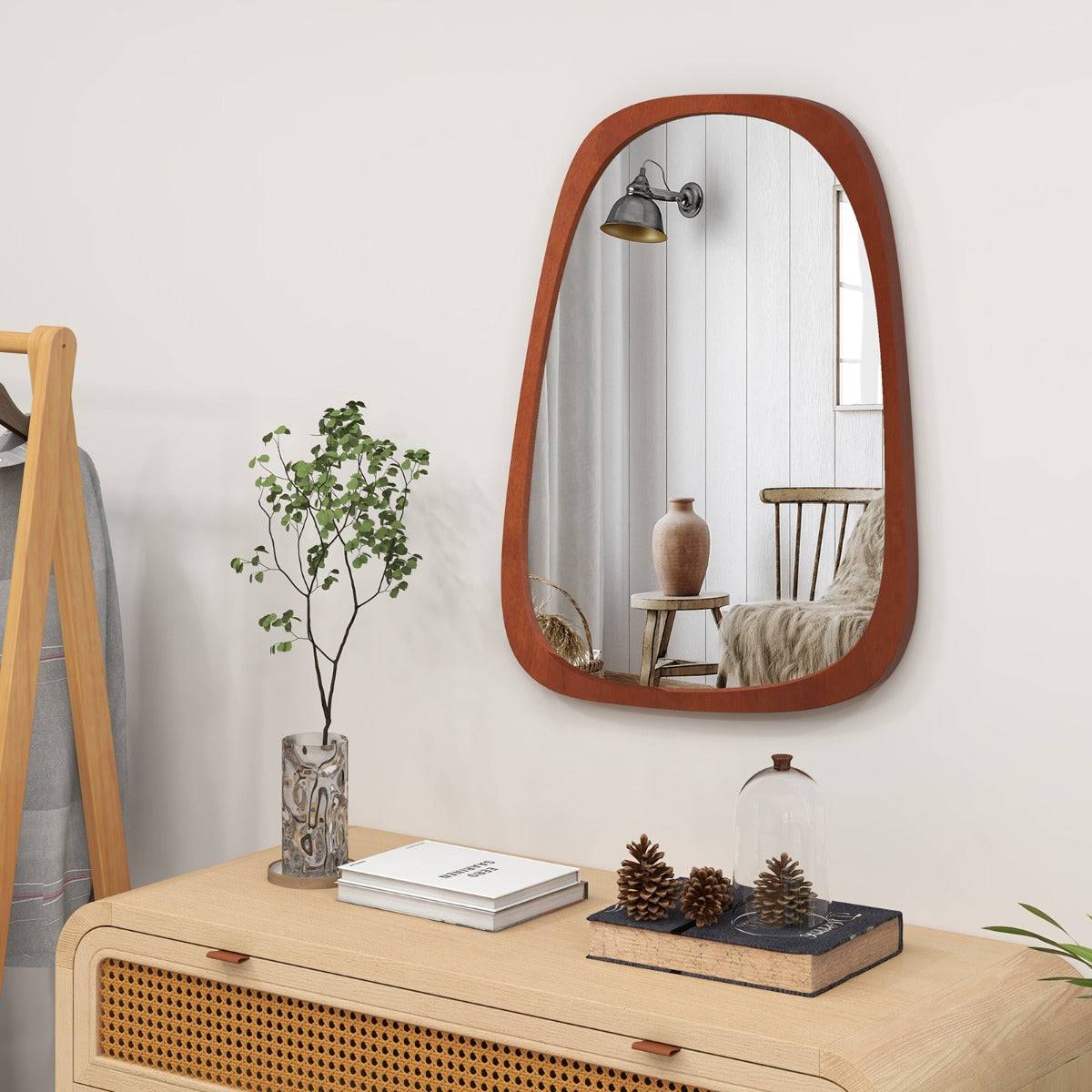 Miroir mural décoratif asymétrique de 68 x 53,5 cm avec cadre rustique miroir décoratif hd de forme originale avec vis d'expansion pour salon naturel - Image 2