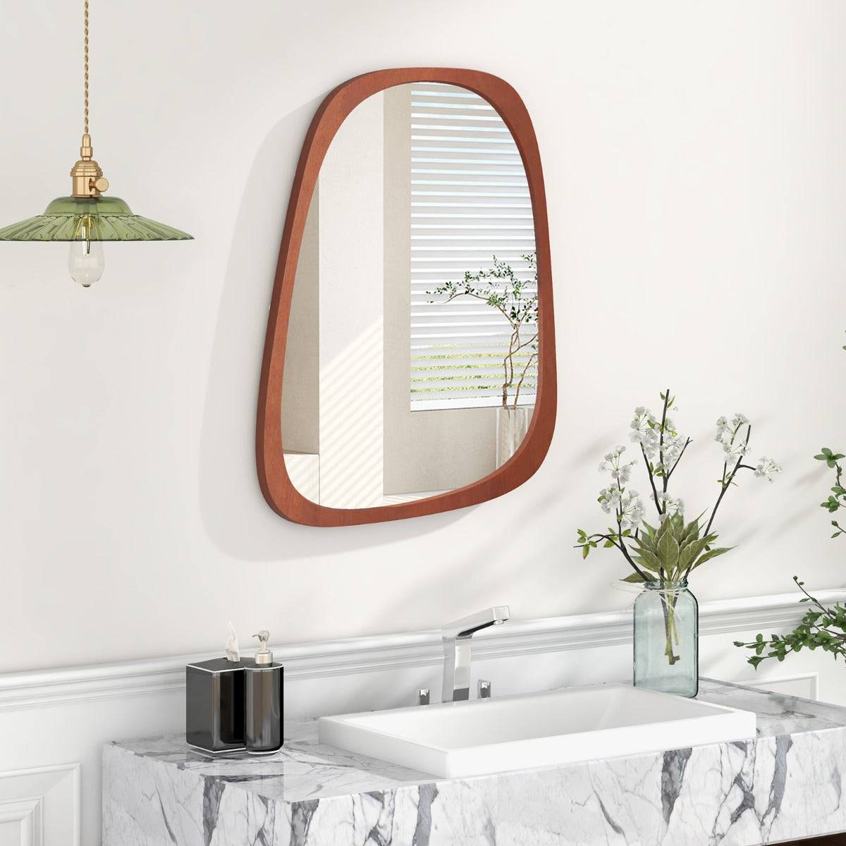 Miroir mural décoratif asymétrique de 68 x 53,5 cm avec cadre rustique miroir décoratif hd de forme originale avec vis d'expansion pour salon naturel - Image 3