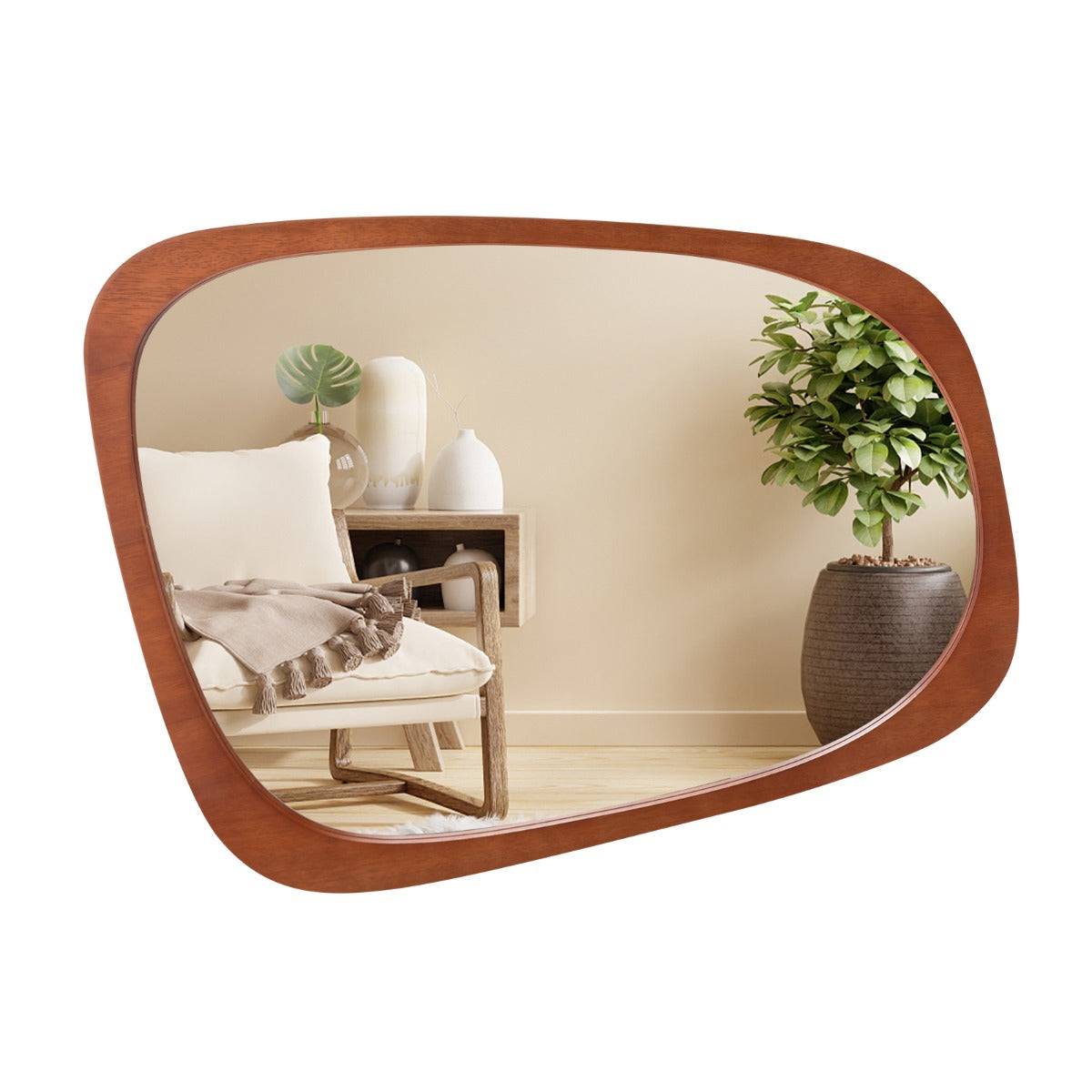 Miroir mural décoratif asymétrique de 68 x 53,5 cm avec cadre rustique miroir décoratif hd de forme originale avec vis d'expansion pour salon naturel - Image 1
