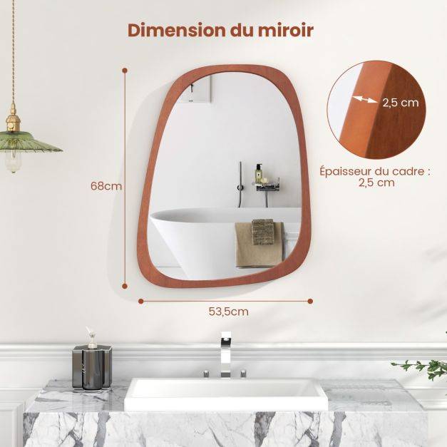 Miroir mural décoratif asymétrique de 68 x 53,5 cm avec cadre rustique miroir décoratif hd de forme originale avec vis d'expansion pour salon naturel - Image 4