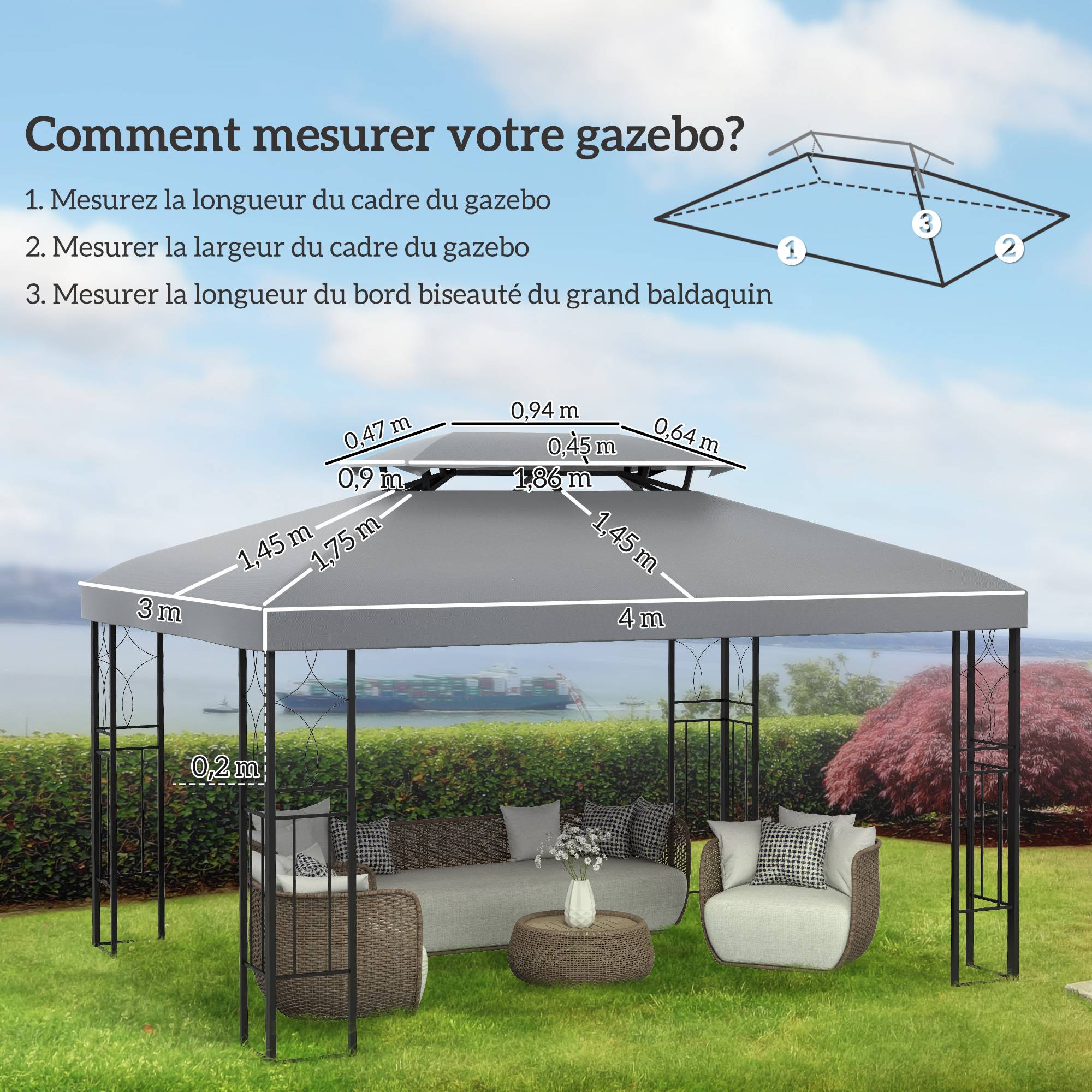 ComfortXL - Toile remplacement pavillon polyester extérieur protection soleil 300x400 gris clair - ComfortXL Outdoor Living - Image 5