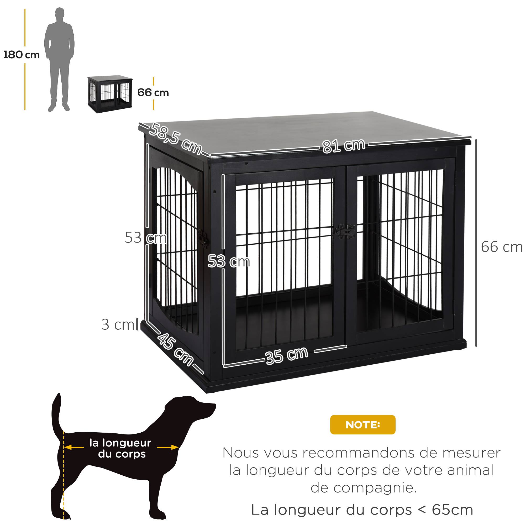 Cage meuble intérieure MDF E1,3 portes verrouillables, max 30kg,81x58x66 cm noir - Image 5