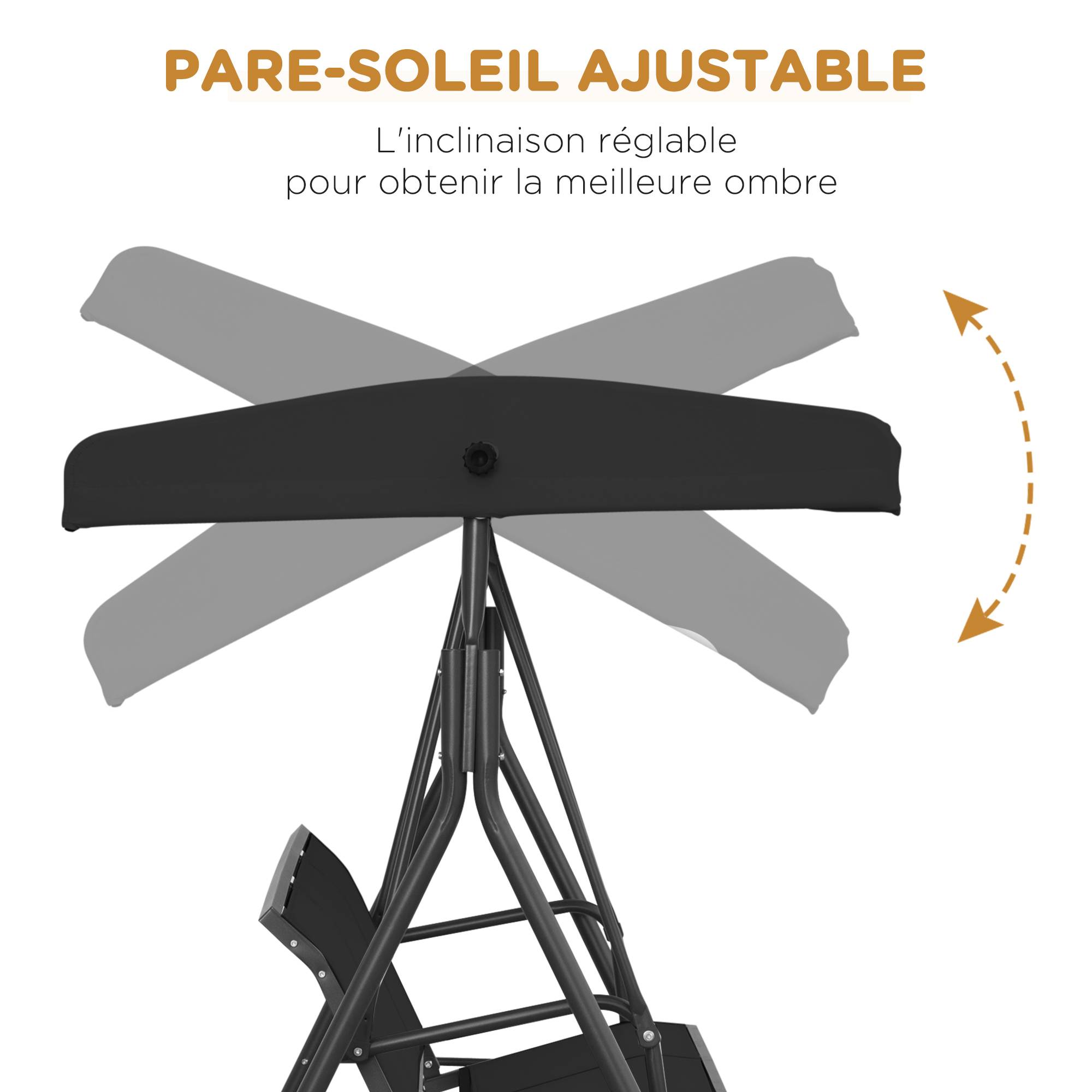 Outsunny - Balancelle de jardin 3 places grand confort toit inclinaison réglable assise et dossier ergonomique acier époxy textilène noir - Outsunny - Imagen 5