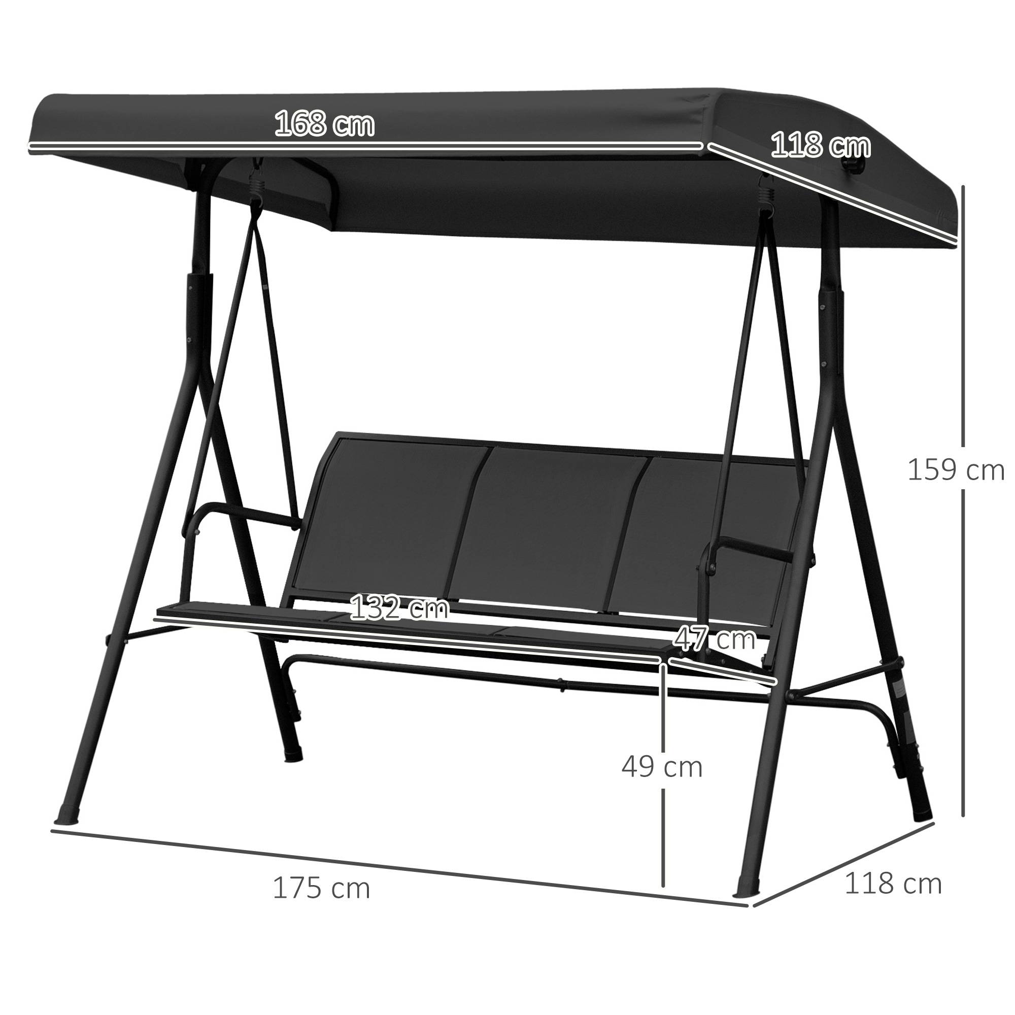 Outsunny - Balancelle de jardin 3 places grand confort toit inclinaison réglable assise et dossier ergonomique acier époxy textilène noir - Outsunny - Imagen 3