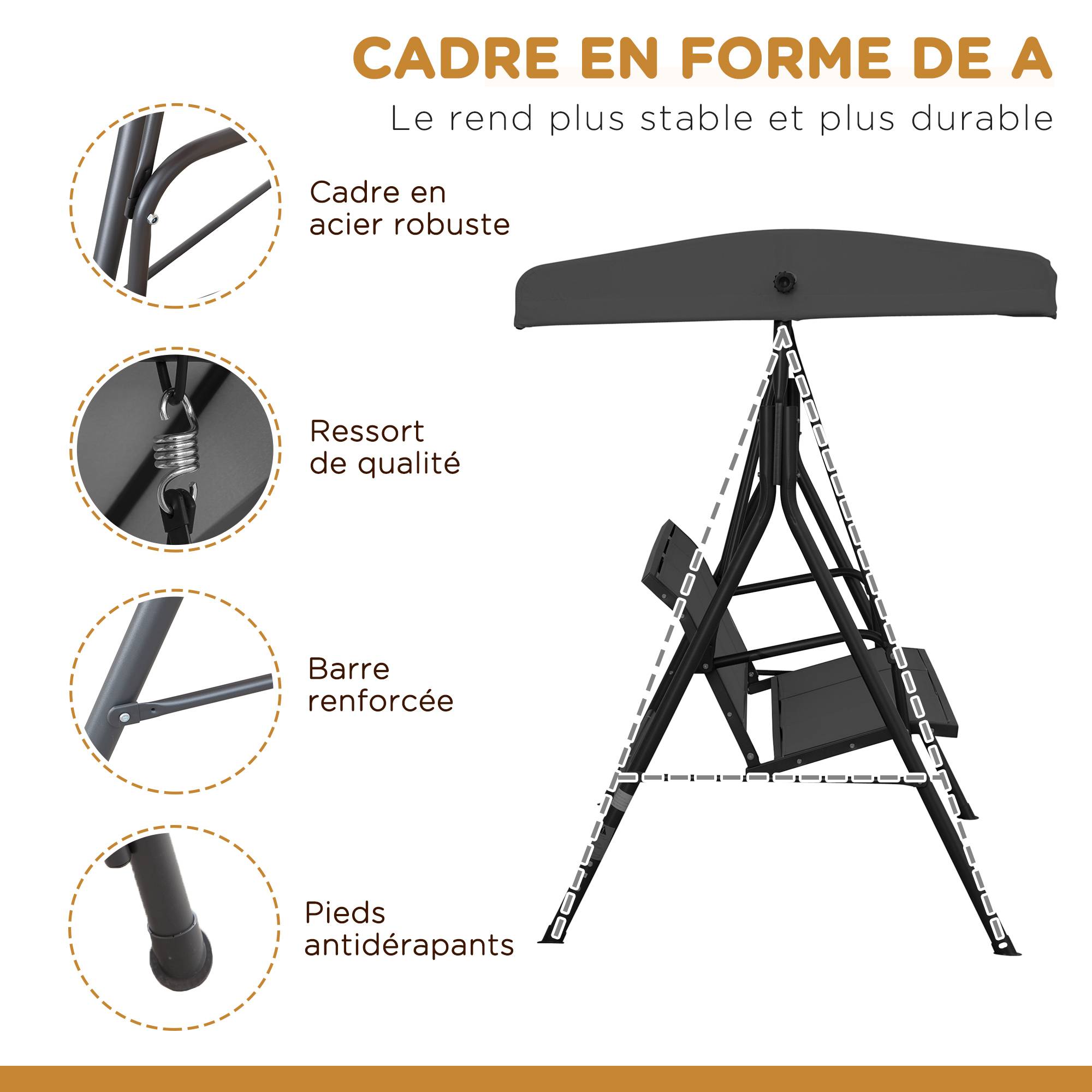 Outsunny - Balancelle de jardin 3 places grand confort toit inclinaison réglable assise et dossier ergonomique acier époxy textilène noir - Outsunny - Imagen 4