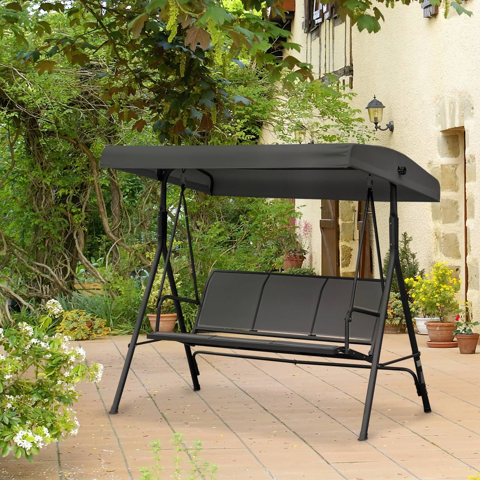 Outsunny - Balancelle de jardin 3 places grand confort toit inclinaison réglable assise et dossier ergonomique acier époxy textilène noir - Outsunny - Imagen 2