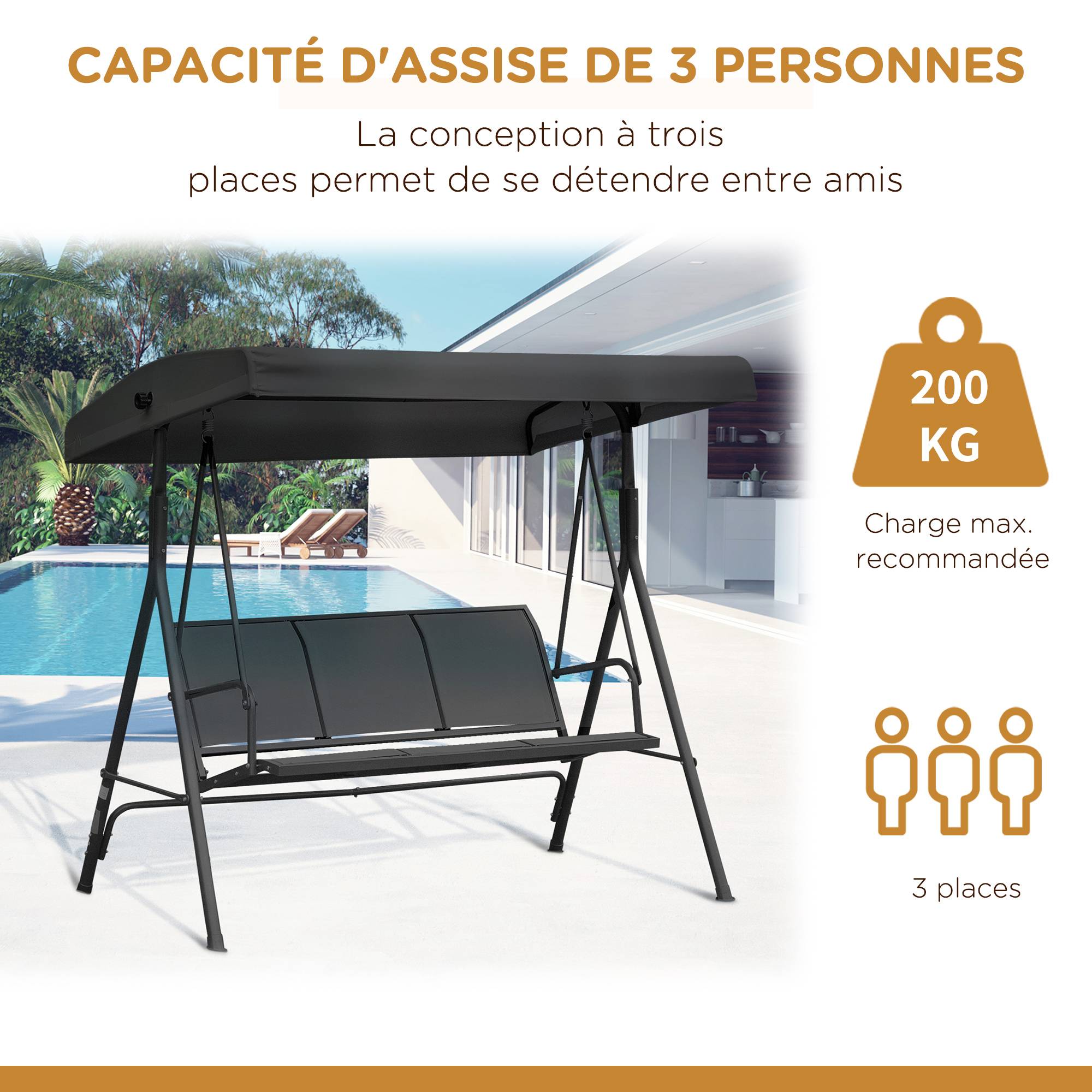 Outsunny - Balancelle de jardin 3 places grand confort toit inclinaison réglable assise et dossier ergonomique acier époxy textilène noir - Outsunny - Imagen 6