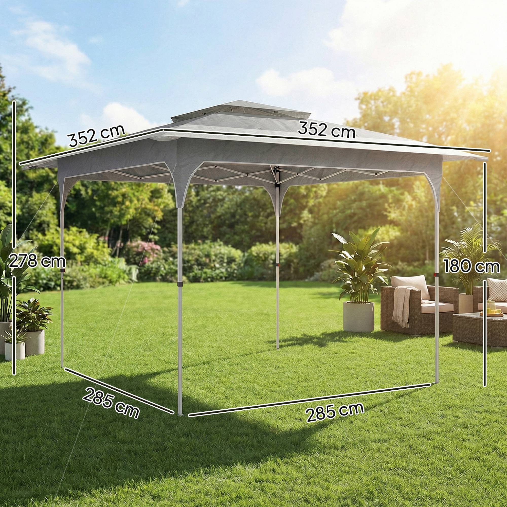 Tente pliante pop-up 3,5 x 3,5 m avec 3 niveaux de hauteur réglables, double toit, fermeture centrale et sac de transport, protection UPF50+ grise - Image 5