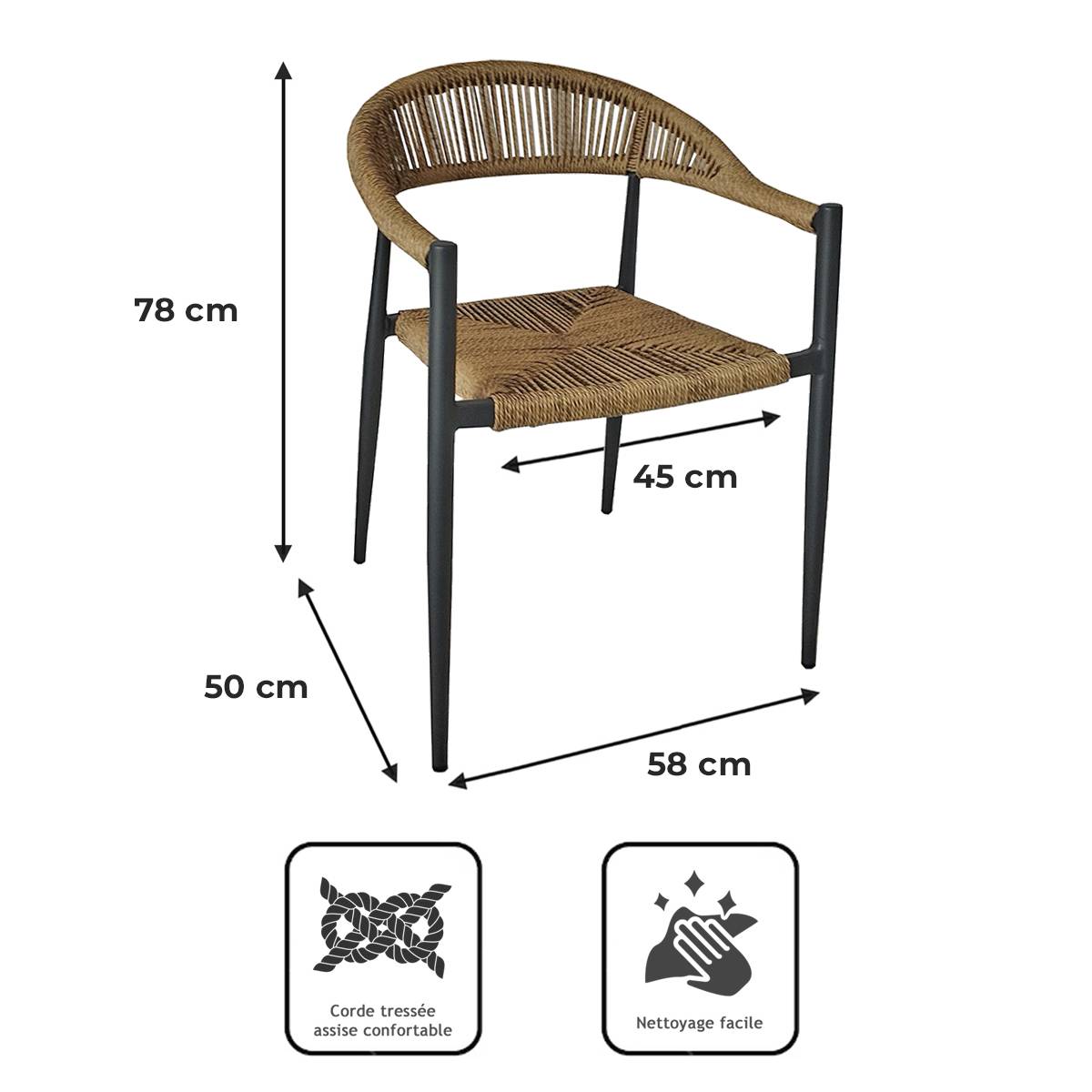 Fauteuil aluminium noir et corde tressée naturelle Casamance - Gecko Jardin - Imagen 9