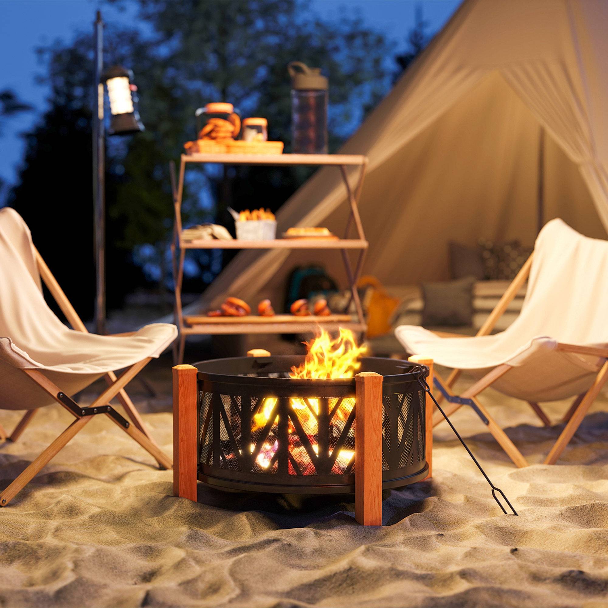 ComfortXL - Brasero 2-en-1 métal Ø75 x 58 cm noir et brun pour jardin avec grille barbecue pare-étincelles et tisonnier - Image 9