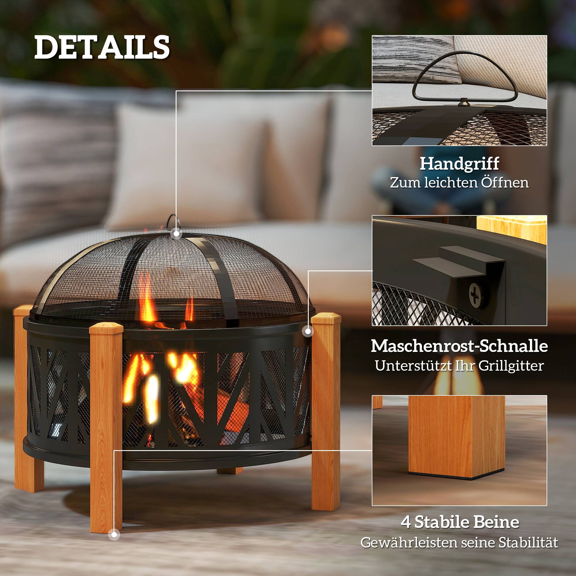 ComfortXL - Brasero 2-en-1 métal Ø75 x 58 cm noir et brun pour jardin avec grille barbecue pare-étincelles et tisonnier - Image 6