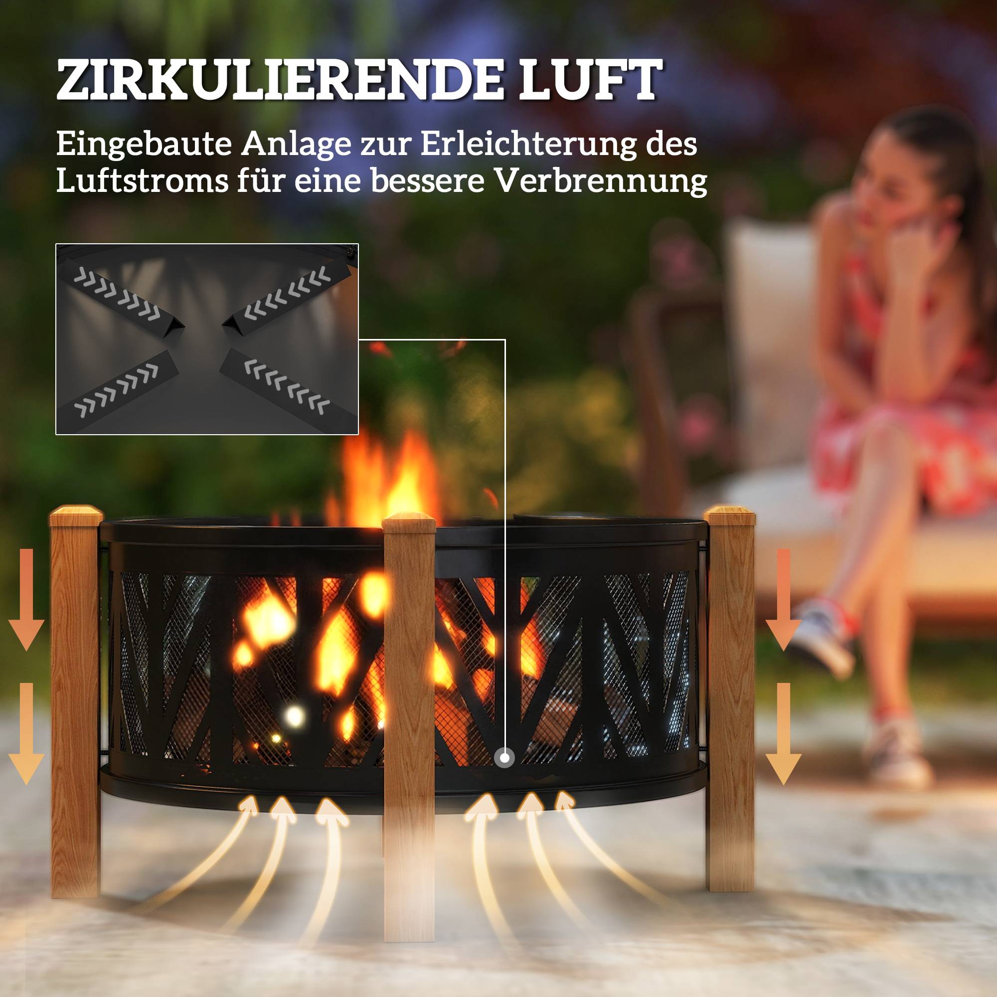 ComfortXL - Brasero 2-en-1 métal Ø75 x 58 cm noir et brun pour jardin avec grille barbecue pare-étincelles et tisonnier - Image 7