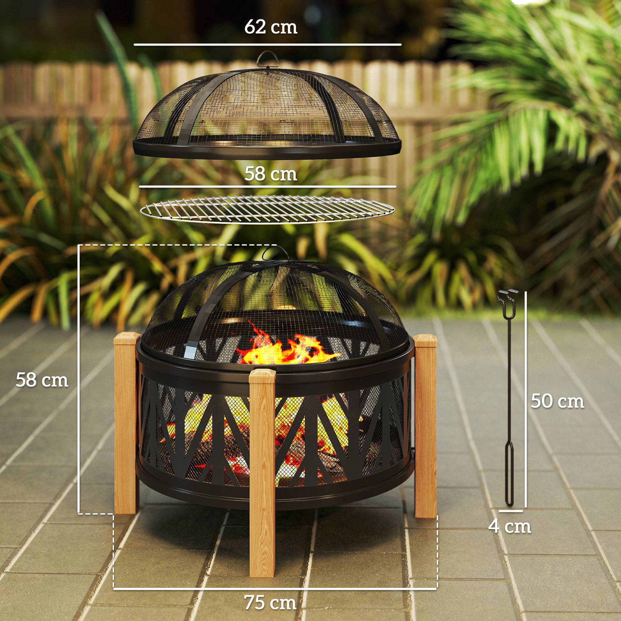 ComfortXL - Brasero 2-en-1 métal Ø75 x 58 cm noir et brun pour jardin avec grille barbecue pare-étincelles et tisonnier - Image 3
