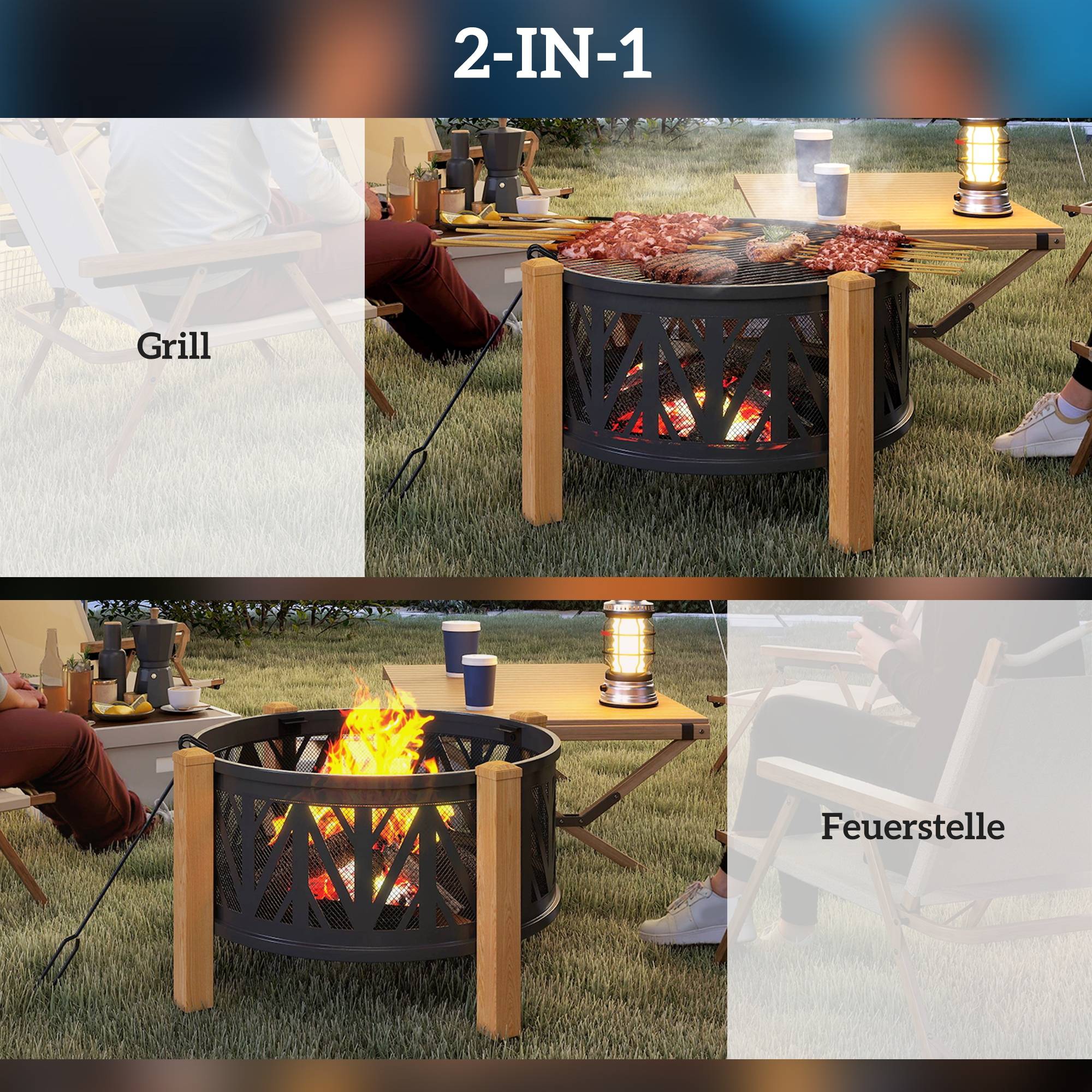 ComfortXL - Brasero 2-en-1 métal Ø75 x 58 cm noir et brun pour jardin avec grille barbecue pare-étincelles et tisonnier - Image 4