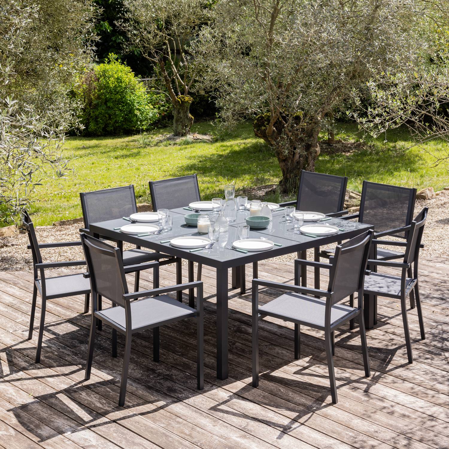 Happy Garden - Salon de jardin CAGLIARI en textilène gris 8 places - aluminium anthracite - HAPPY GARDEN - Imagen 2