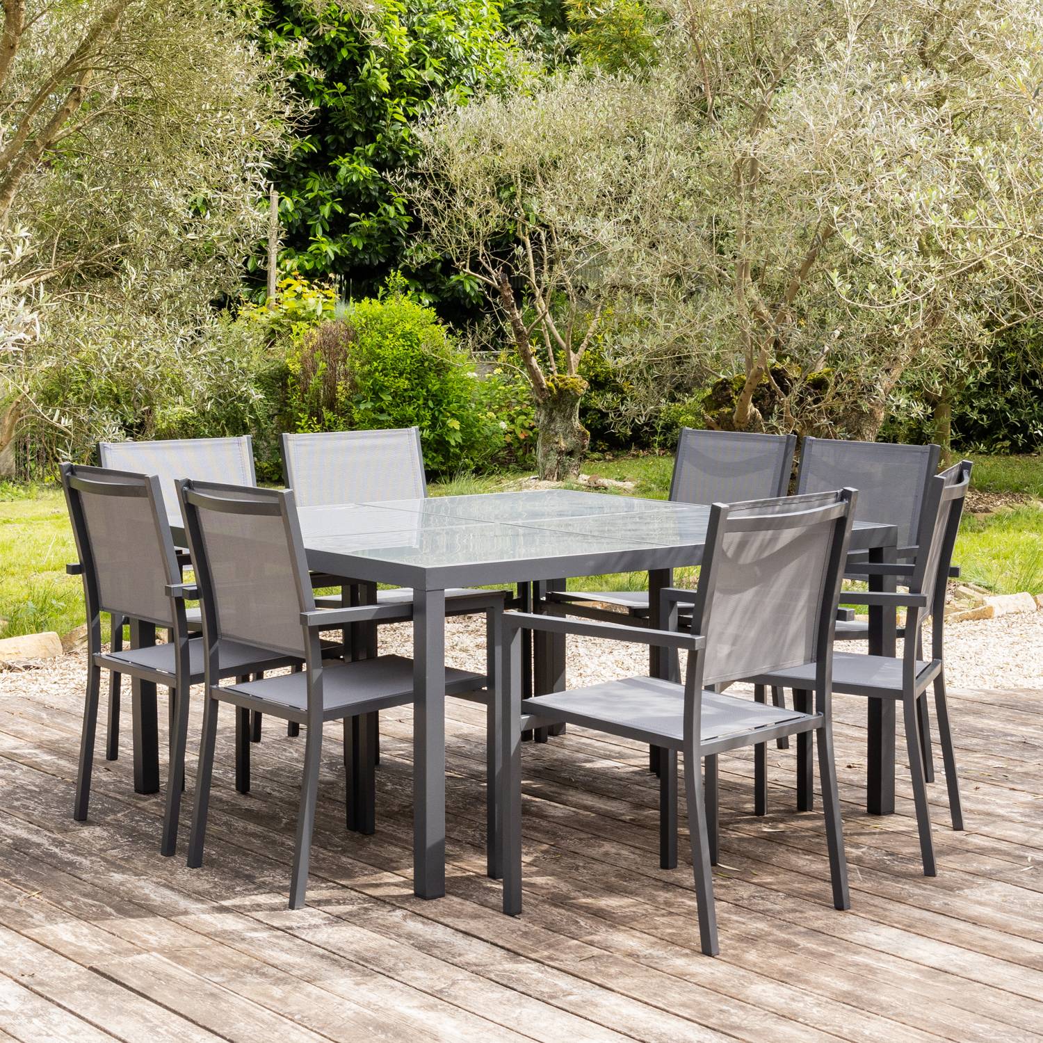 Happy Garden - Salon de jardin CAGLIARI en textilène gris 8 places - aluminium anthracite - HAPPY GARDEN - Imagen 7