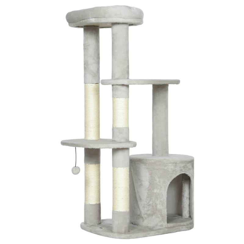 Tour à chat 114cm avec grotte et poteaux sisal multi-niveaux pour chats moyens <6kg gris clair - Image 1