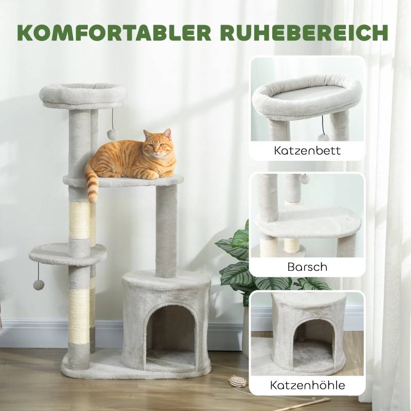 Tour à chat 114cm avec grotte et poteaux sisal multi-niveaux pour chats moyens <6kg gris clair - Image 5