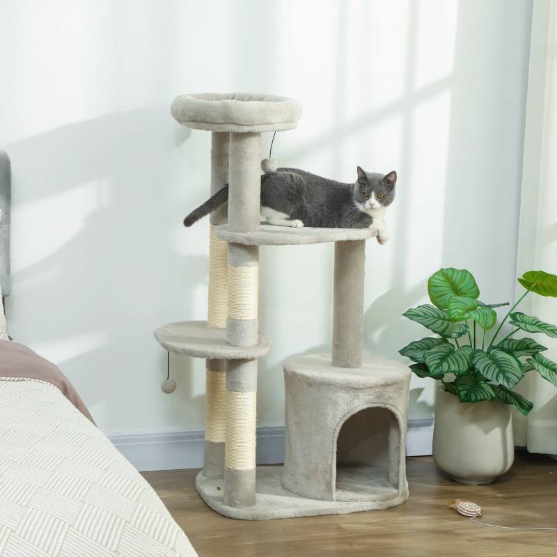 Tour à chat 114cm avec grotte et poteaux sisal multi-niveaux pour chats moyens <6kg gris clair - Image 2