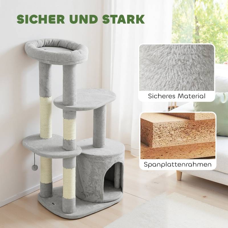 Tour à chat 114cm avec grotte et poteaux sisal multi-niveaux pour chats moyens <6kg gris clair - Image 6
