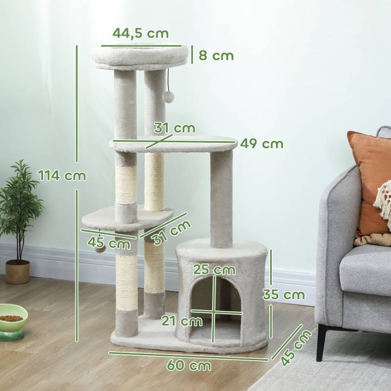 Tour à chat 114cm avec grotte et poteaux sisal multi-niveaux pour chats moyens <6kg gris clair - Image 3