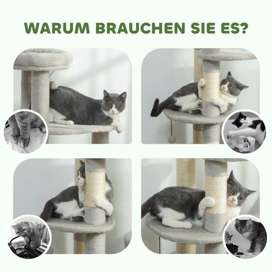 Tour à chat 114cm avec grotte et poteaux sisal multi-niveaux pour chats moyens <6kg gris clair - Image 7