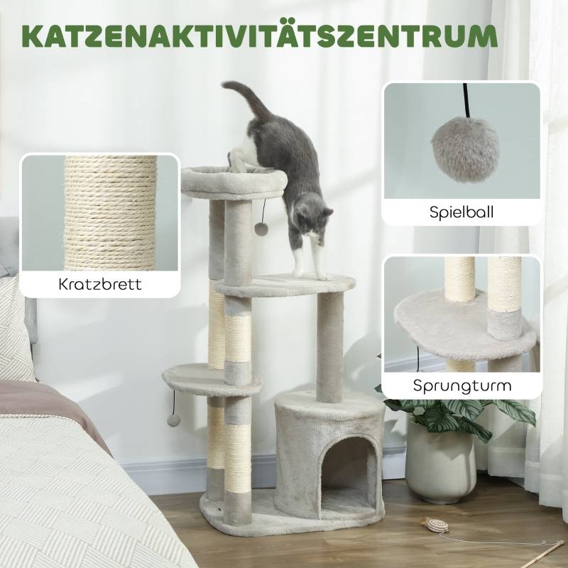 Tour à chat 114cm avec grotte et poteaux sisal multi-niveaux pour chats moyens <6kg gris clair - Image 4