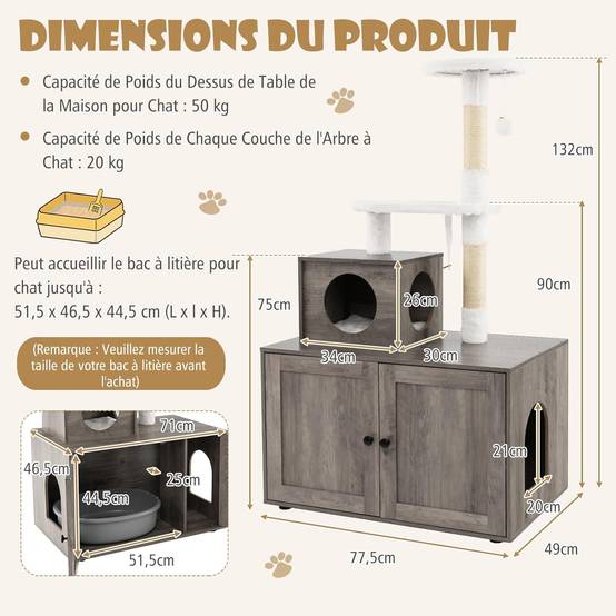 Arbre a Chat Litiere Intégrée, Tour pour Chats avec Cache-Litiere, 2 Plateformes, Grand Condo, Poteaux à Griffer en Sisal (132 cm,Ivoire) - Image 4