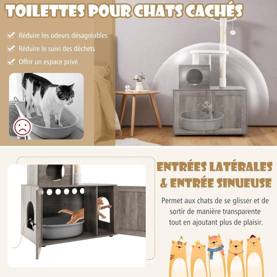 Arbre a Chat Litiere Intégrée, Tour pour Chats avec Cache-Litiere, 2 Plateformes, Grand Condo, Poteaux à Griffer en Sisal (132 cm,Ivoire) - Image 6