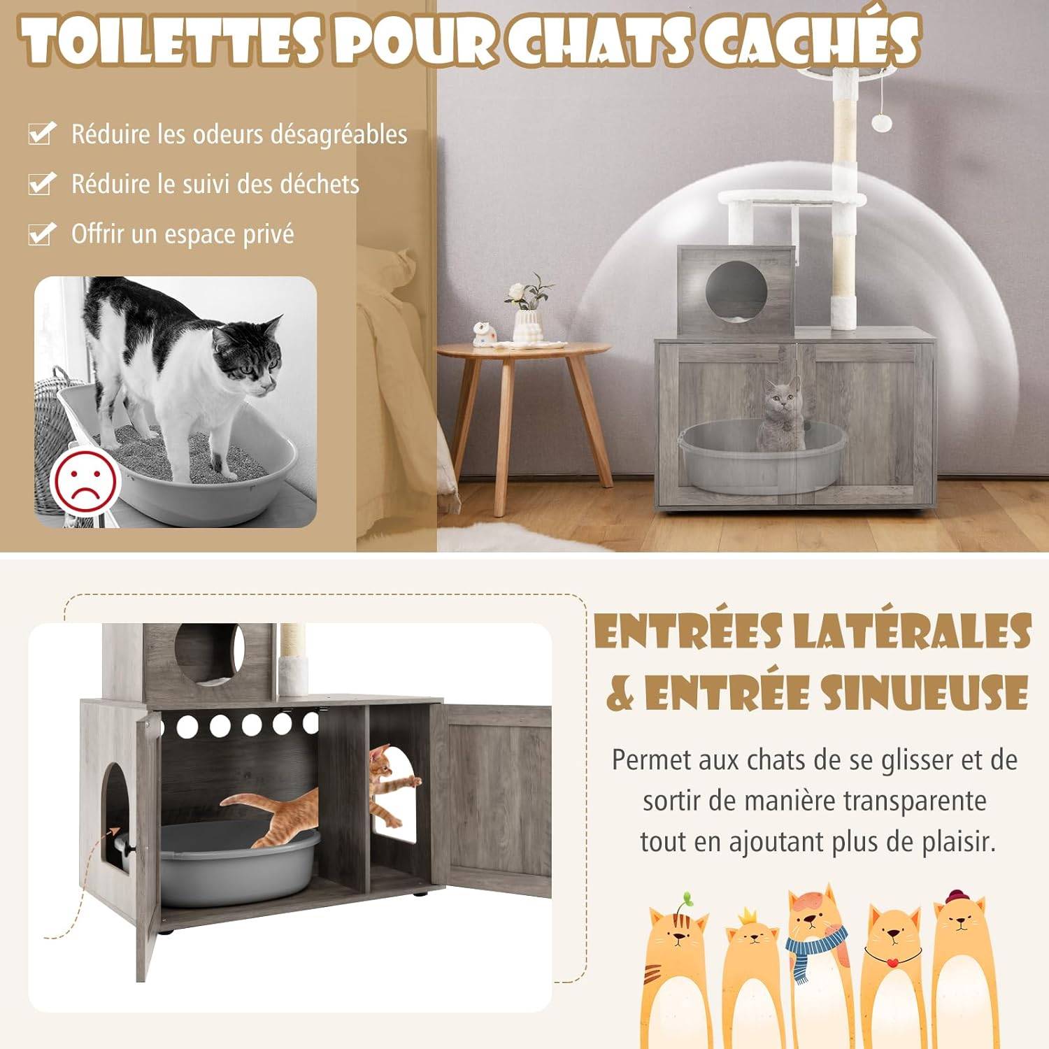 Arbre a Chat Litiere Intégrée, Tour pour Chats avec Cache-Litiere, 2 Plateformes, Grand Condo, Poteaux à Griffer en Sisal (132 cm,Ivoire) - Image 6