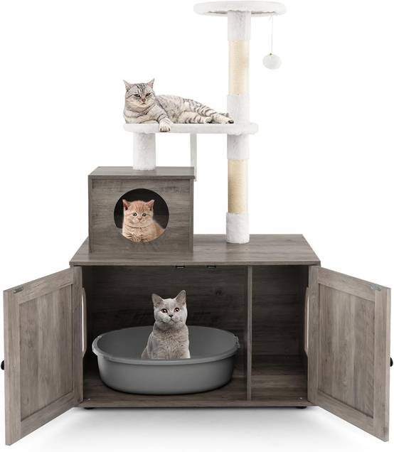 Arbre a Chat Litiere Intégrée, Tour pour Chats avec Cache-Litiere, 2 Plateformes, Grand Condo, Poteaux à Griffer en Sisal (132 cm,Ivoire) - Image 1