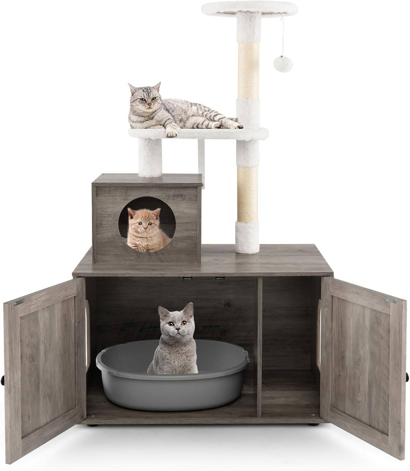 Arbre a Chat Litiere Intégrée, Tour pour Chats avec Cache-Litiere, 2 Plateformes, Grand Condo, Poteaux à Griffer en Sisal (132 cm,Ivoire) - Image 1