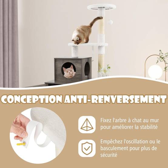 Arbre a Chat Litiere Intégrée, Tour pour Chats avec Cache-Litiere, 2 Plateformes, Grand Condo, Poteaux à Griffer en Sisal (132 cm,Ivoire) - Image 7