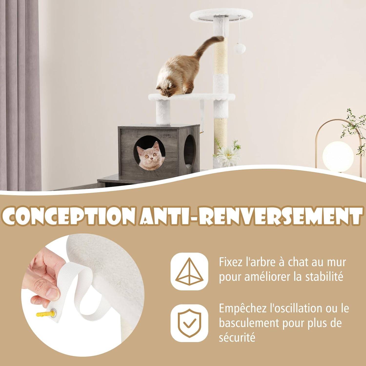 Arbre a Chat Litiere Intégrée, Tour pour Chats avec Cache-Litiere, 2 Plateformes, Grand Condo, Poteaux à Griffer en Sisal (132 cm,Ivoire) - Image 7