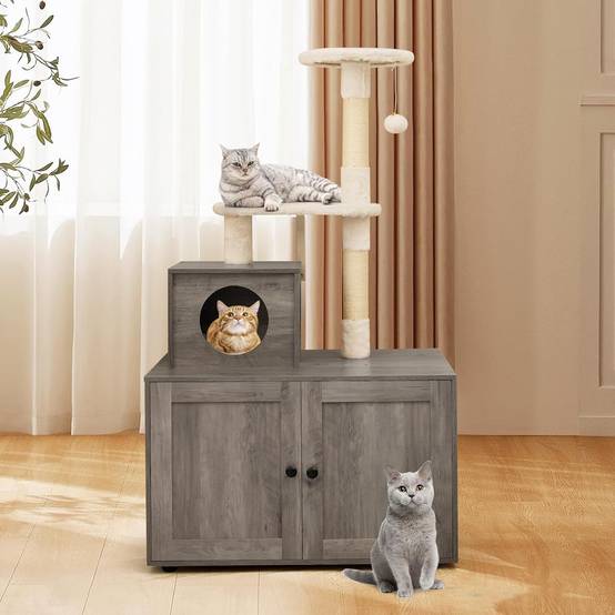 Arbre a Chat Litiere Intégrée, Tour pour Chats avec Cache-Litiere, 2 Plateformes, Grand Condo, Poteaux à Griffer en Sisal (132 cm,Ivoire) - Image 3