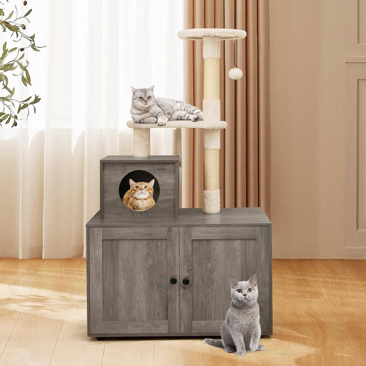Arbre a Chat Litiere Intégrée, Tour pour Chats avec Cache-Litiere, 2 Plateformes, Grand Condo, Poteaux à Griffer en Sisal (132 cm,Ivoire) - Image 3