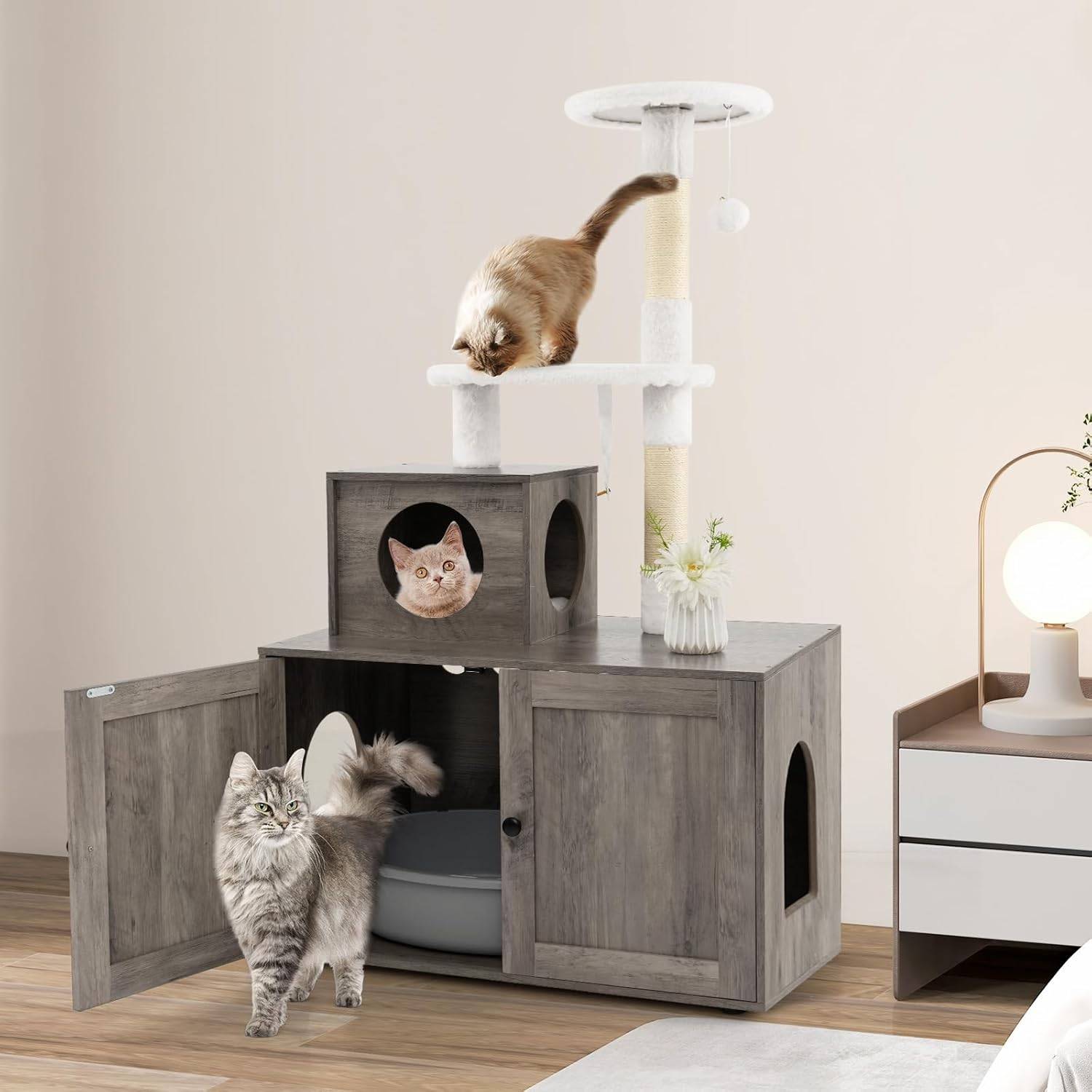 Arbre a Chat Litiere Intégrée, Tour pour Chats avec Cache-Litiere, 2 Plateformes, Grand Condo, Poteaux à Griffer en Sisal (132 cm,Ivoire) - Image 2