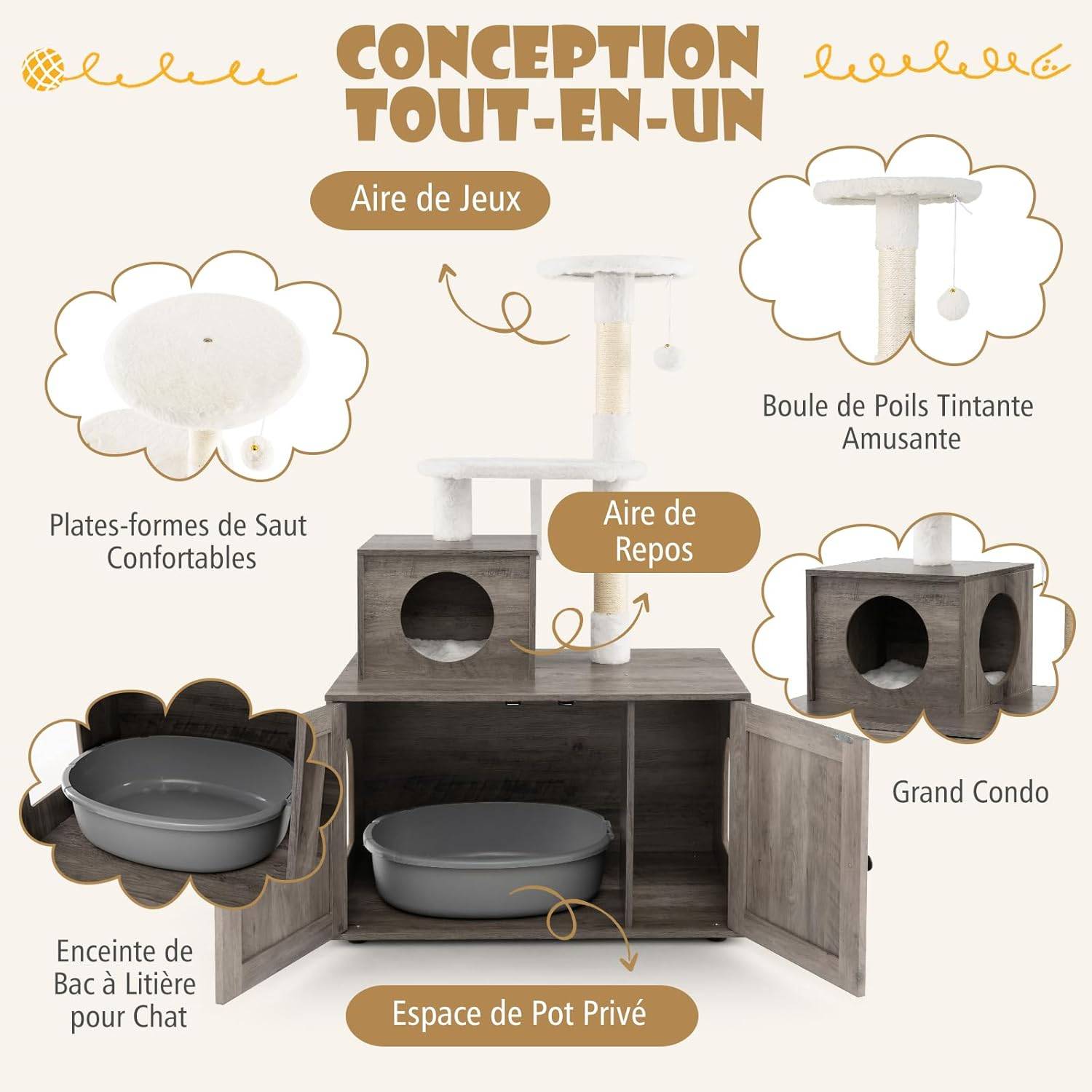 Arbre a Chat Litiere Intégrée, Tour pour Chats avec Cache-Litiere, 2 Plateformes, Grand Condo, Poteaux à Griffer en Sisal (132 cm,Ivoire) - Image 5