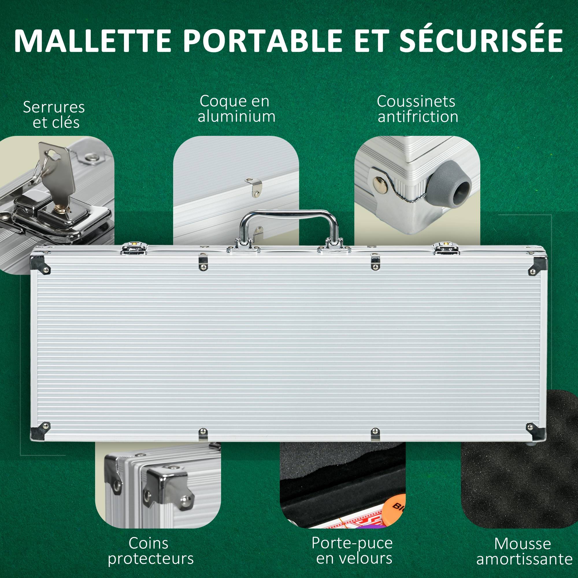 Mallette de Poker Coffret de Poker Complet avec 500 jetons 5 dés 2 Jeux de Cartes 3 boutons 1 Tapis en Feutre - Image 8
