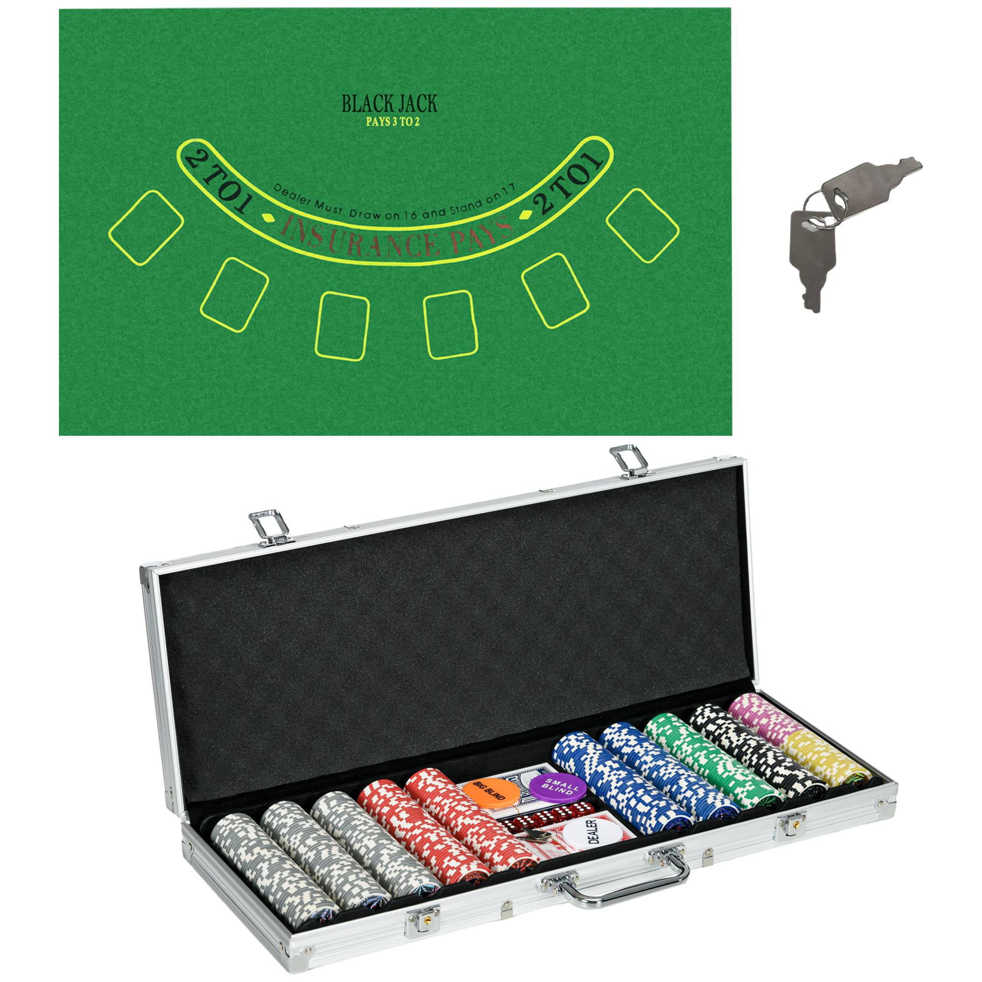 Mallette de Poker Coffret de Poker Complet avec 500 jetons 5 dés 2 Jeux de Cartes 3 boutons 1 Tapis en Feutre - Image 2