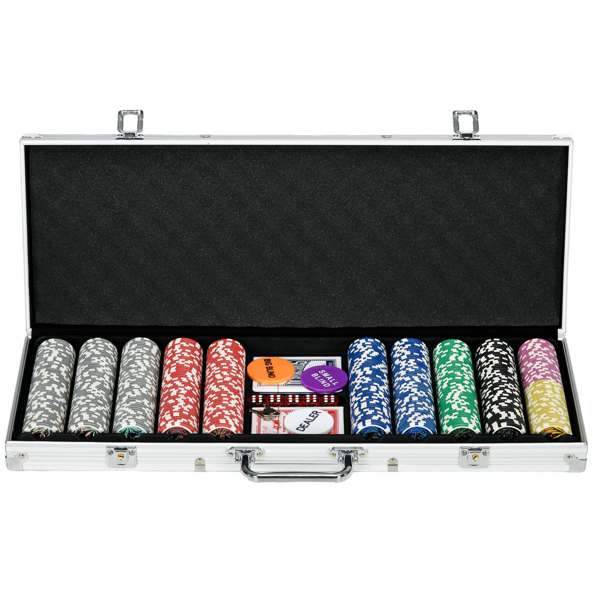 Mallette de Poker Coffret de Poker Complet avec 500 jetons 5 dés 2 Jeux de Cartes 3 boutons 1 Tapis en Feutre - Image 1